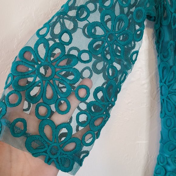 Teal Retro Daisy Embroidered Cocktail Dress - Picture 4 of 8